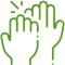 Three hands raised together showing unity and support in green outline style.